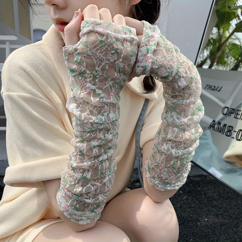 Floral Gloves Embroidery Sunscreen Long Sleeves for Sports
