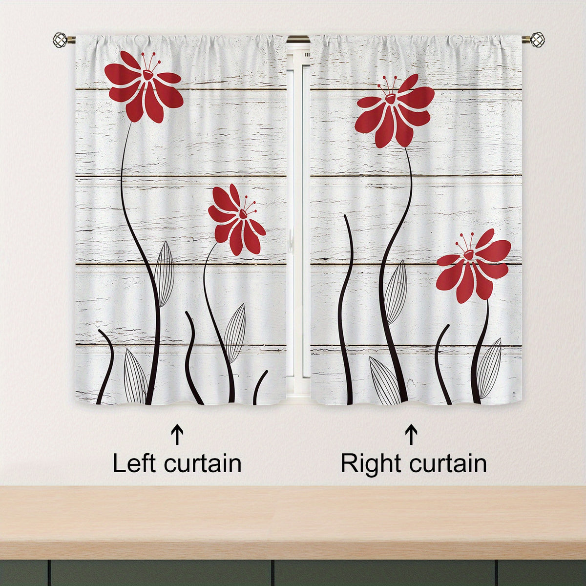 Red Flower Pattern Curtains Floral Petals Rod Pocket Plant Wooden Printed Curtai