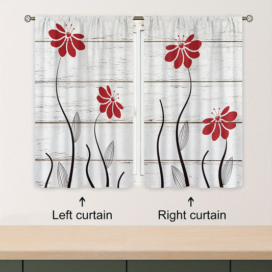 Red Flower Pattern Curtains Floral Petals Rod Pocket Plant Wooden Printed Curtai