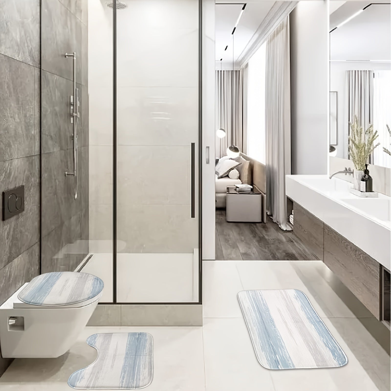 4 Piece Bathroom Set with Shower Curtain and Rugs Non Slip Bath Mat Toilet Lid C
