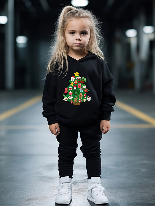 Cartoon Christmas Tree Outfit Girls Hoodie Jogger Pants Set
