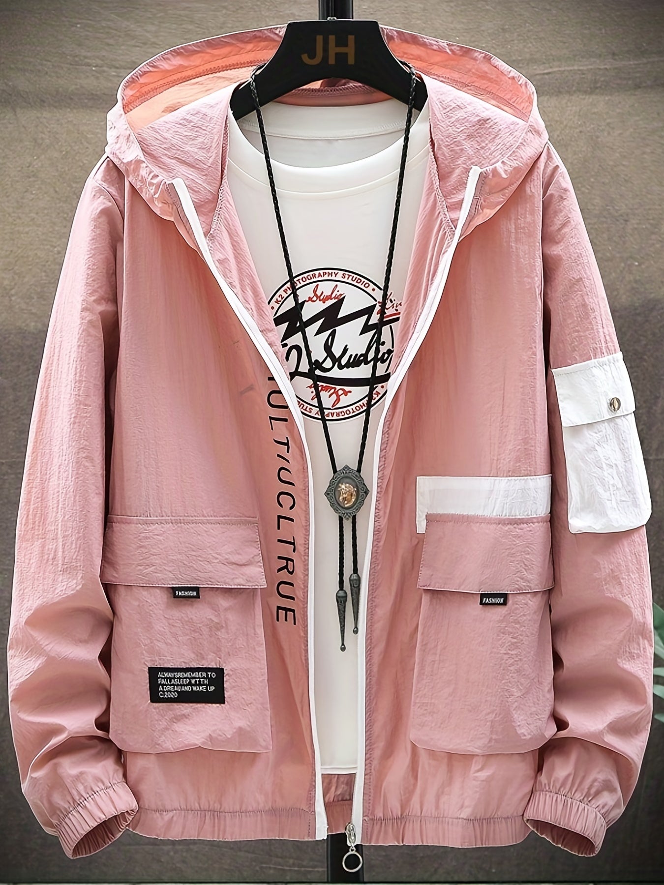 Stylish Letter Print Pattern Zip Up Hooded Jacket Men s Clothes