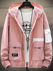 Stylish Letter Print Pattern Zip Up Hooded Jacket Men s Clothes