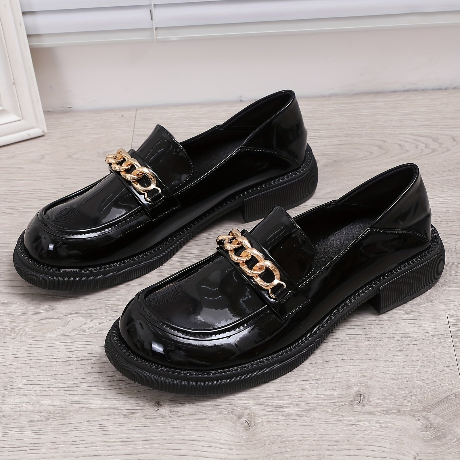 Metallic Chain Loafers British Style Faux Leather Shoes