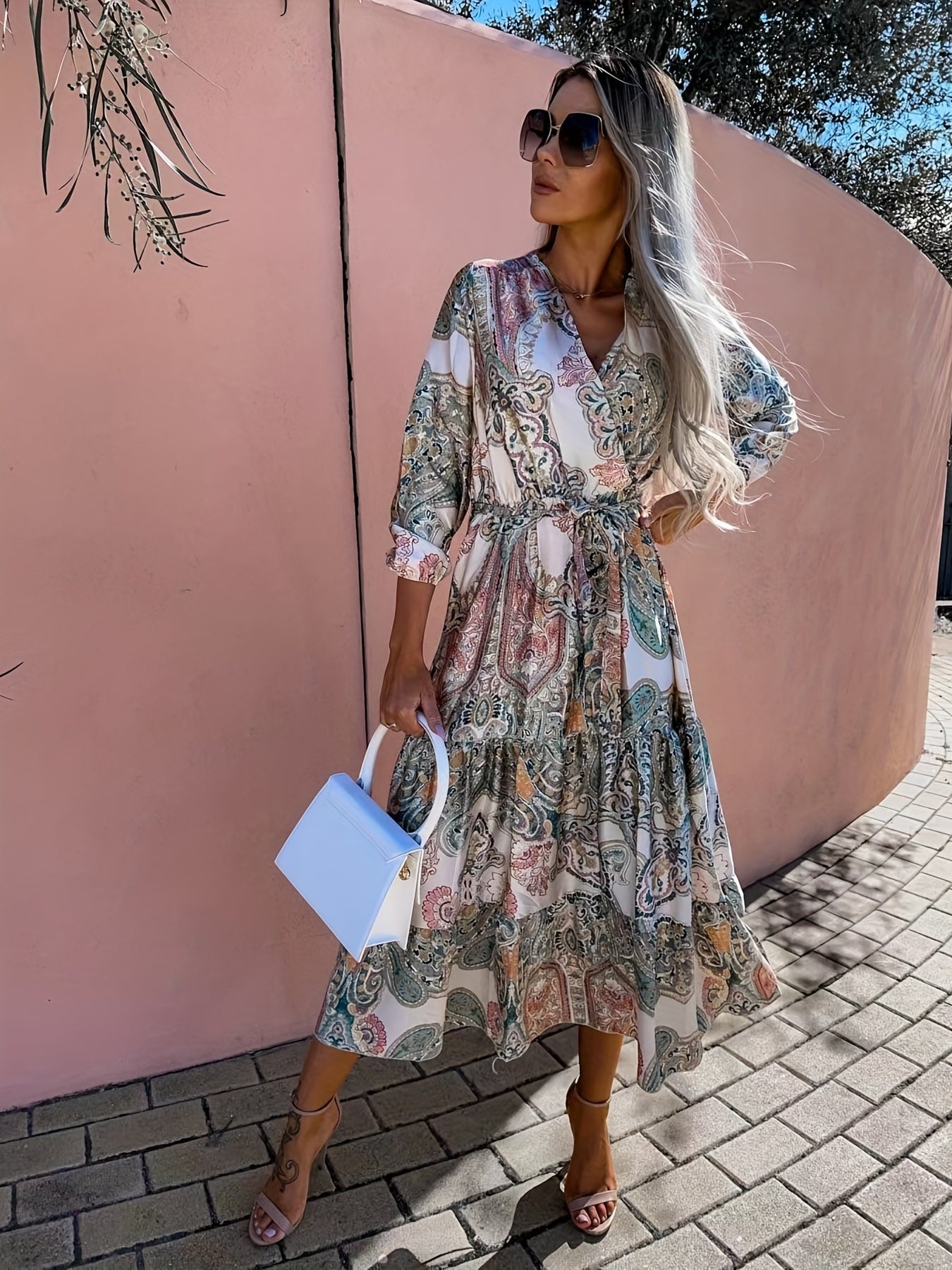 Boho Long Sleeve Tiered Dress Belted Casual Every Layered Dress Women