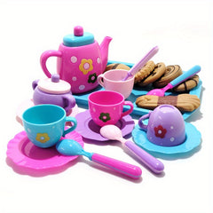 Kids Pretend Play Tea Set with Tray & Cookies Pink & Floral Plastic