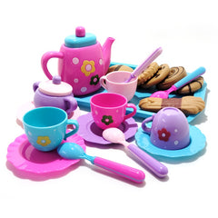 Kids Pretend Play Tea Set with Tray & Cookies Pink & Floral Plastic