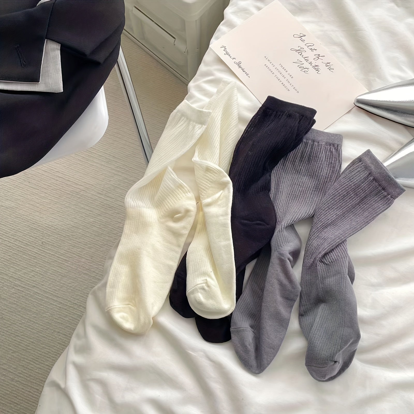 3 Pairs Lightweight Ribbed Socks Comfy & Breathable Women's Mid Tube Stockings