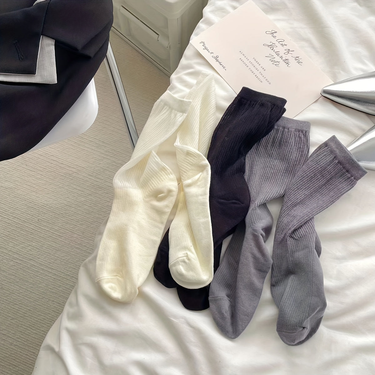 3 Pairs Lightweight Ribbed Socks Comfy & Breathable Women's Mid Tube Stockings