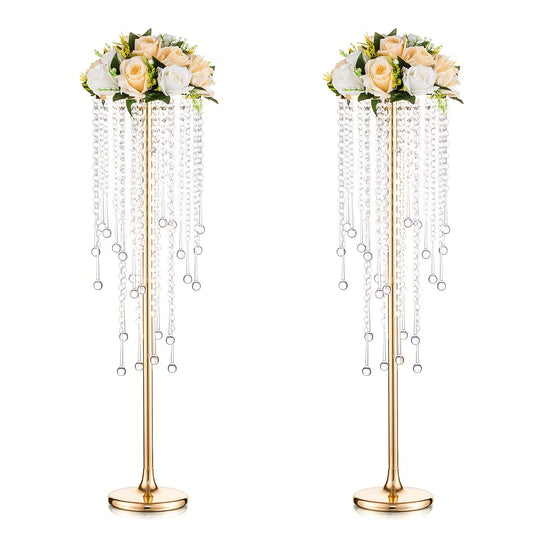2pcs Tall Golden Flower Vases Crystal Centerpiece