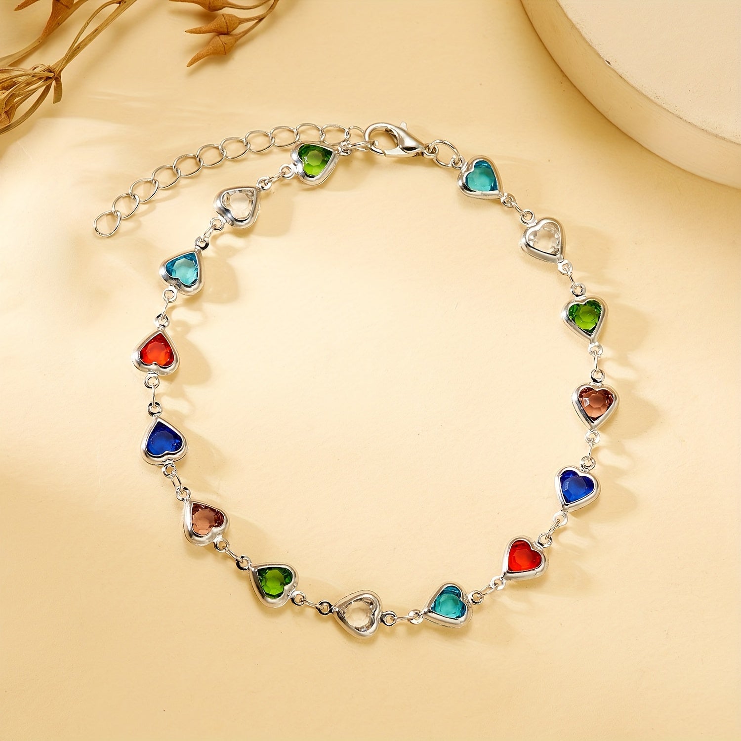 Colorful Faux Crystal Chain Anklet Love Heart Silver Plated Ankle Bracelet