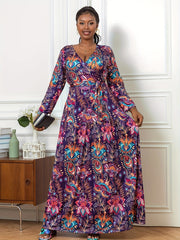  Allover Print Long Sleeve Maxi Dress With Belt