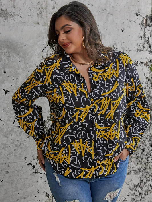  Graffiti Print Button Up Long Sleeve Blouse