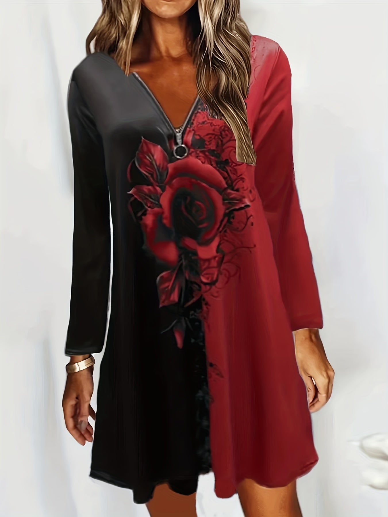  Colorblock Floral Print Zipper Long Sleeve V Neck Dress