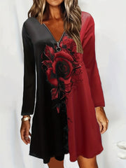  Colorblock Floral Print Zipper Long Sleeve V Neck Dress
