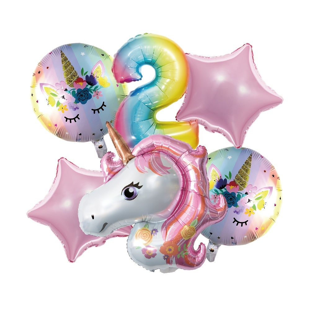 6pcs 32" Gradient Number Unicorn Balloon Set Pink Star Birthday Decor