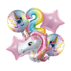 6pcs 32" Gradient Number Unicorn Balloon Set Pink Star Birthday Decor