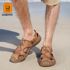 LAORENTOU Men's Leather Stitch Non slip Sandals Durable Quick Dry Closed Toe