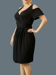  Solid Cold Shoulder V Neck Dress