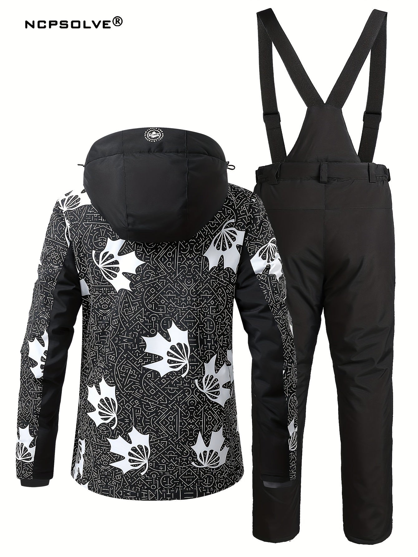Geometric Print Ski Set Long Sleeves Hooded Jacket & Trouser Ski Suit