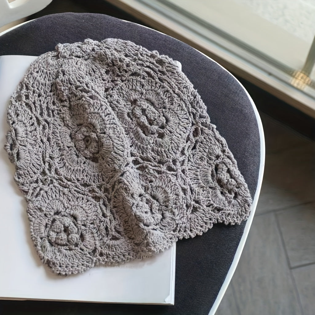 Vintage Flower Crochet Beanie Hollow Out Skull Hat Soft Thin Knit Hats