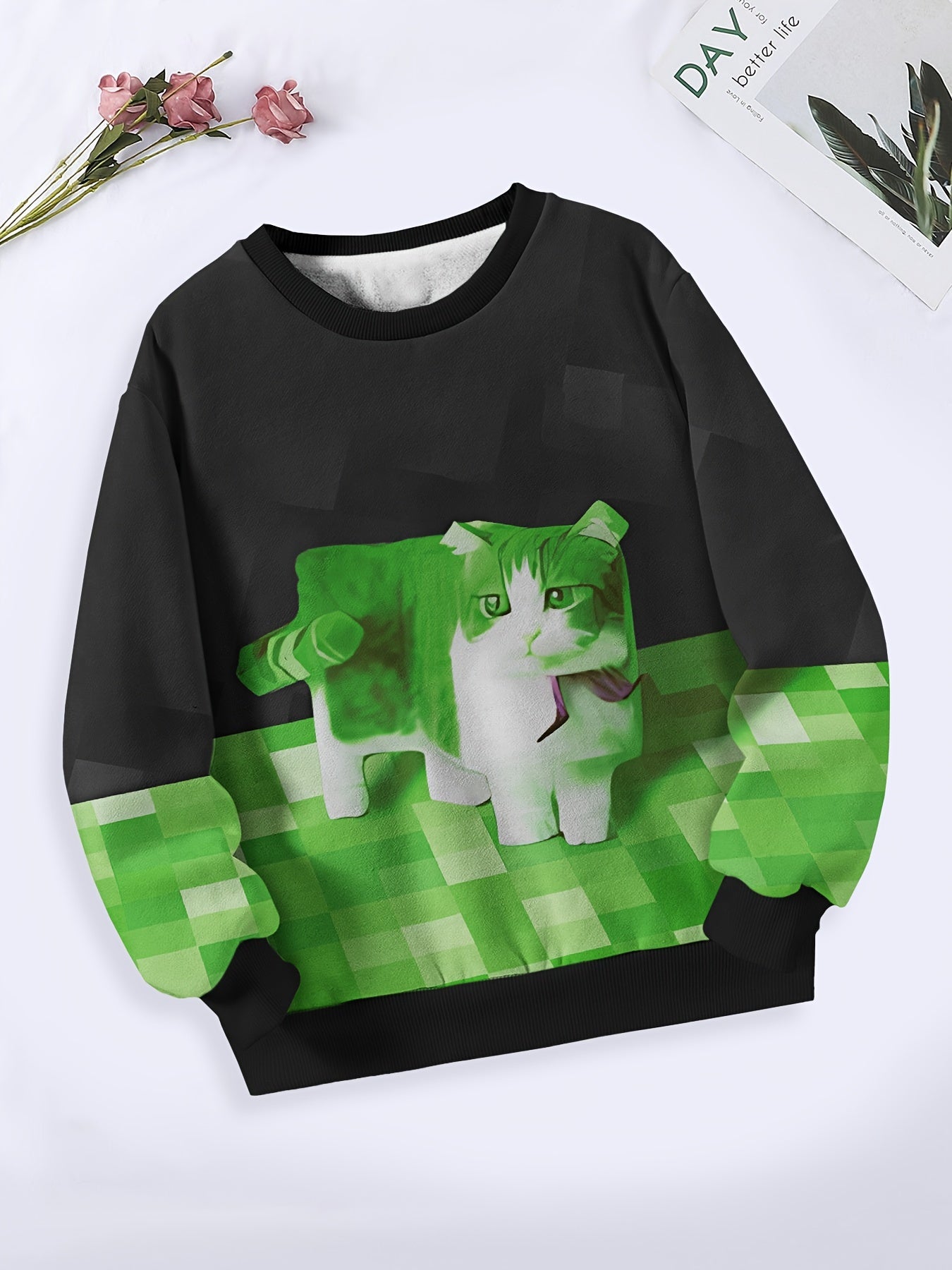 Creative Block Kitty Pattern Long Sleeve Crew Neck Sweatshirt