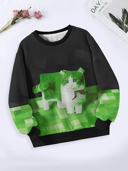Creative Block Kitty Pattern Long Sleeve Crew Neck Sweatshirt