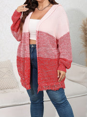  Colorblock Hoodie Fringe Trim Cardigan Women's Plus