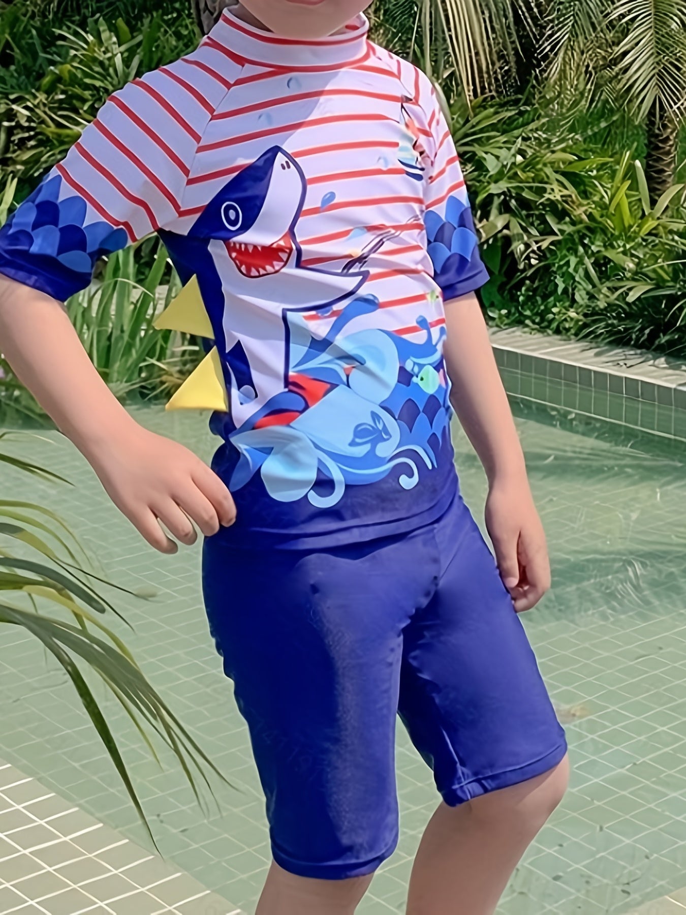 2pcs Boys Teen Shark Graphic Tshirt & Shorts Swimsuit For Summer Holiday