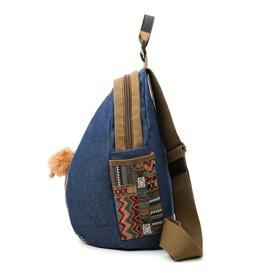 Embroidered Denim Backpack Purse with Ethnic Style Travel Daypack