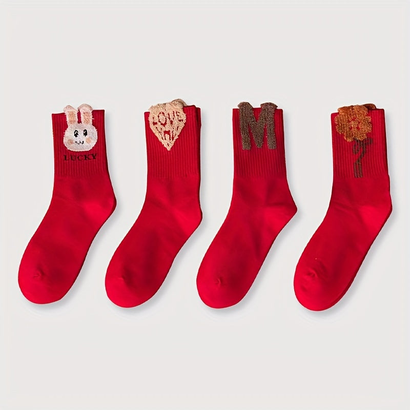 4 Pairs Cartoon Pattern Socks Chinese Year Women's Stockings