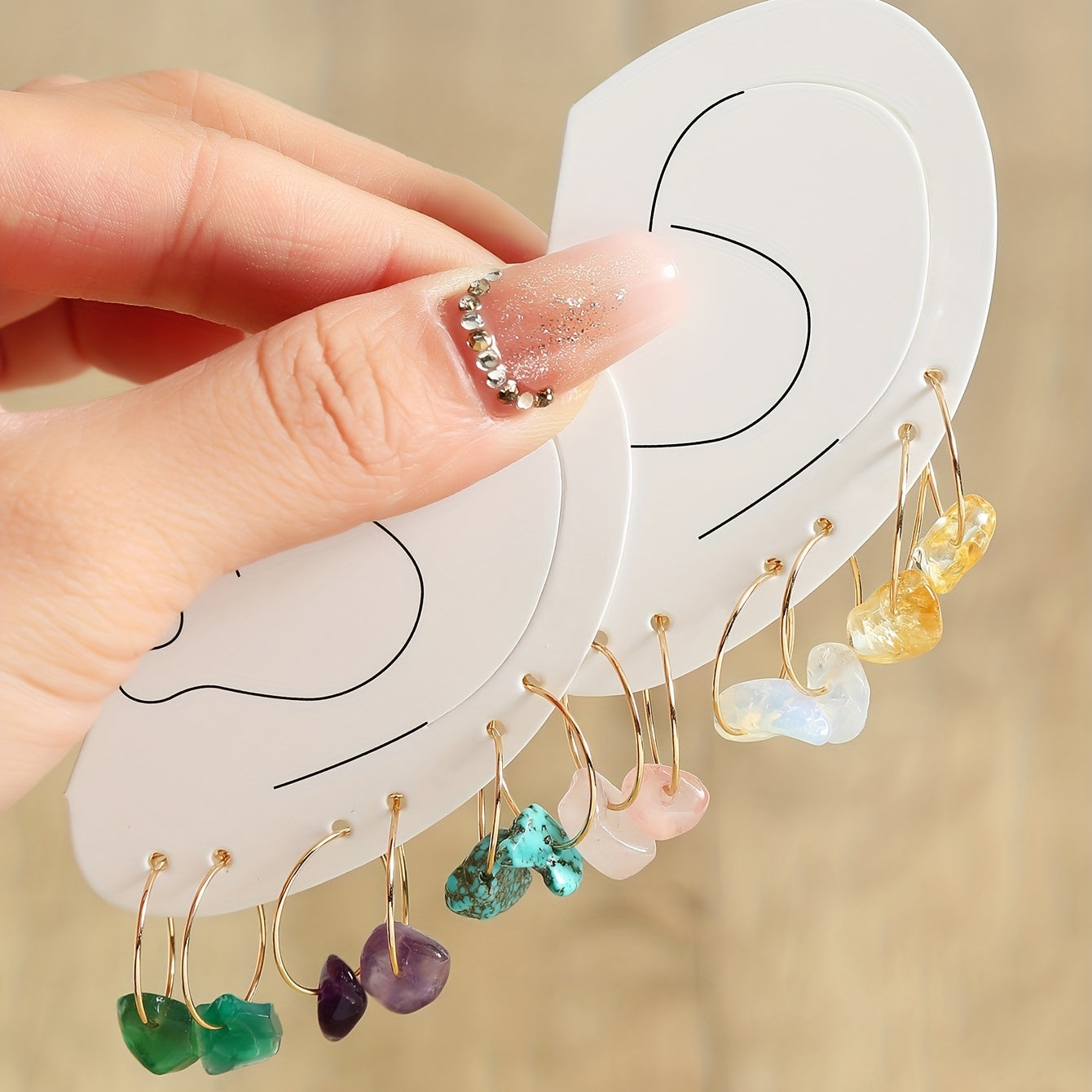 6 Pairs Natural Raw Stone Hoop Earrings for Women Girls