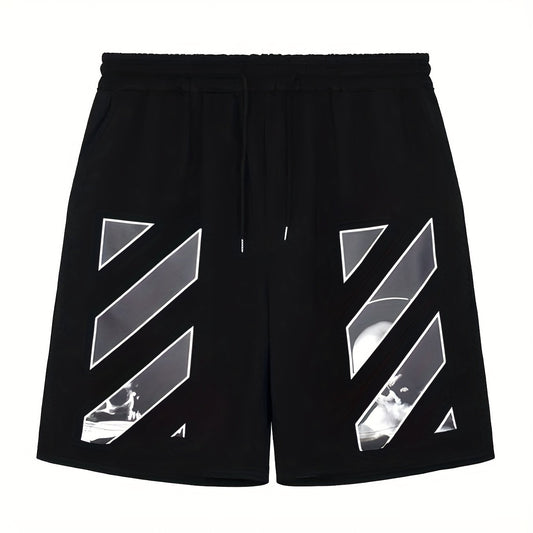 Solid Stripe Pattern Comfy Shorts Men's Drawstring Shorts