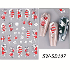 5D Embossed Christmas Nail Art Stickers Snowflake Gloves Feather Bulb Bells