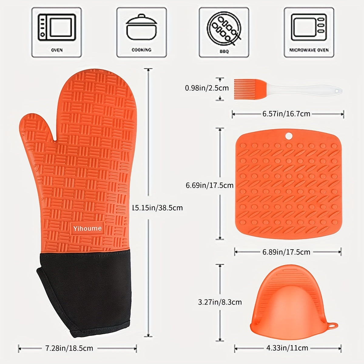 Silicone Oven Mitts Orange Heat Resistant Non Slip Grip Surfaces