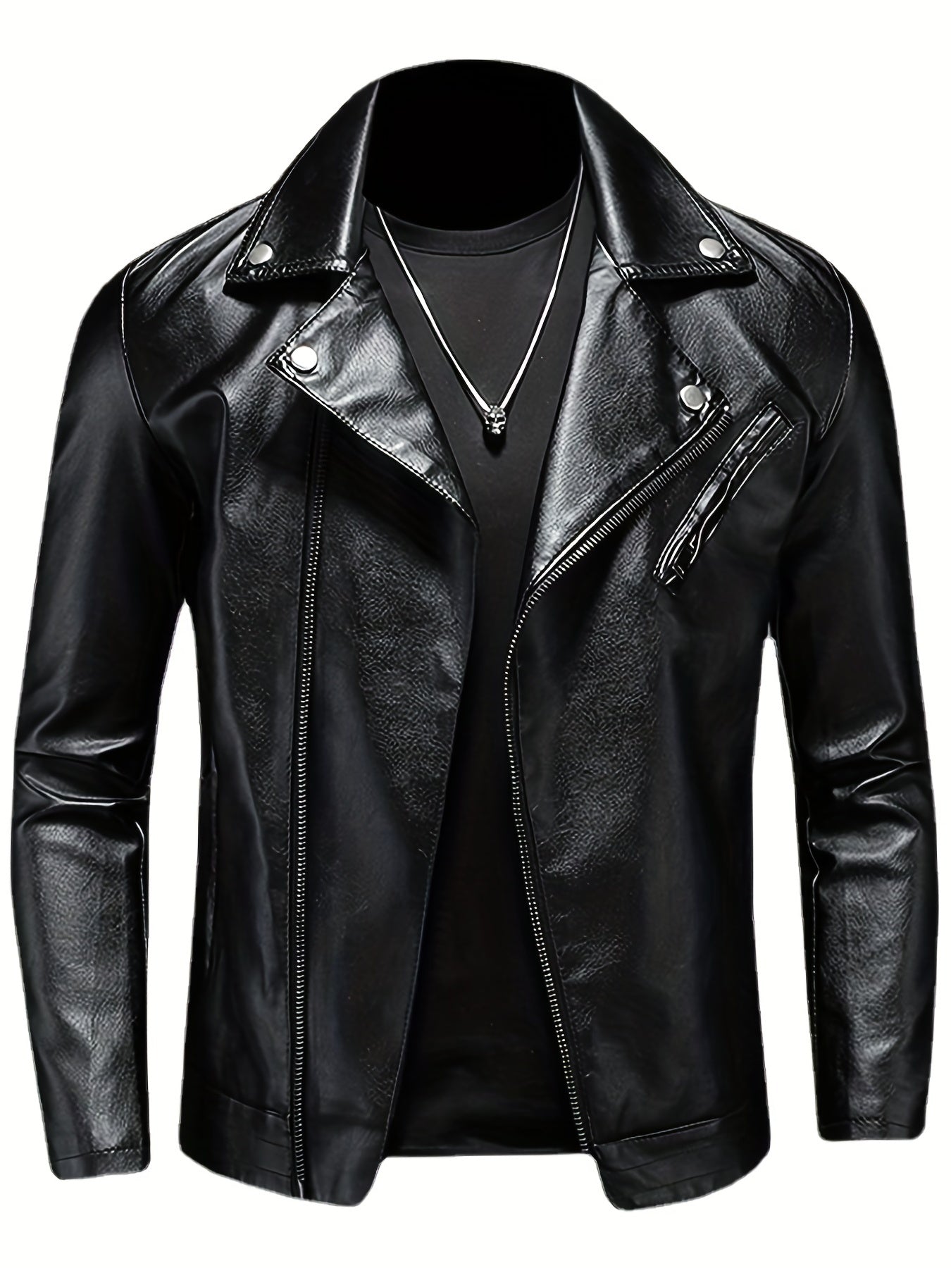 PU Biker Jacket Men's Casual Solid Zip Up Lapel Faux Leather Jacket