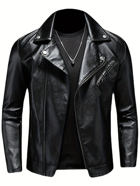 PU Biker Jacket Men's Casual Solid Zip Up Lapel Faux Leather Jacket