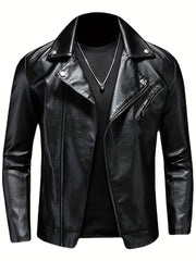 PU Biker Jacket Men's Casual Solid Zip Up Lapel Faux Leather Jacket