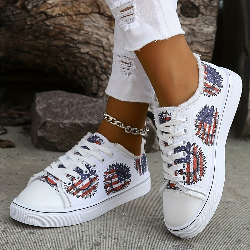 Women's Flag Flower Pattern Canvas Shoes Casual Lace Up Outdoor Shoes