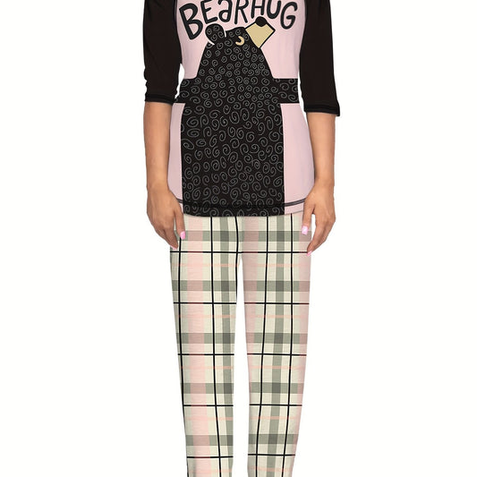 Christmas Cartoon Cat Print Lounge Set Long Sleeve Top & Pants Women's Pajamas
