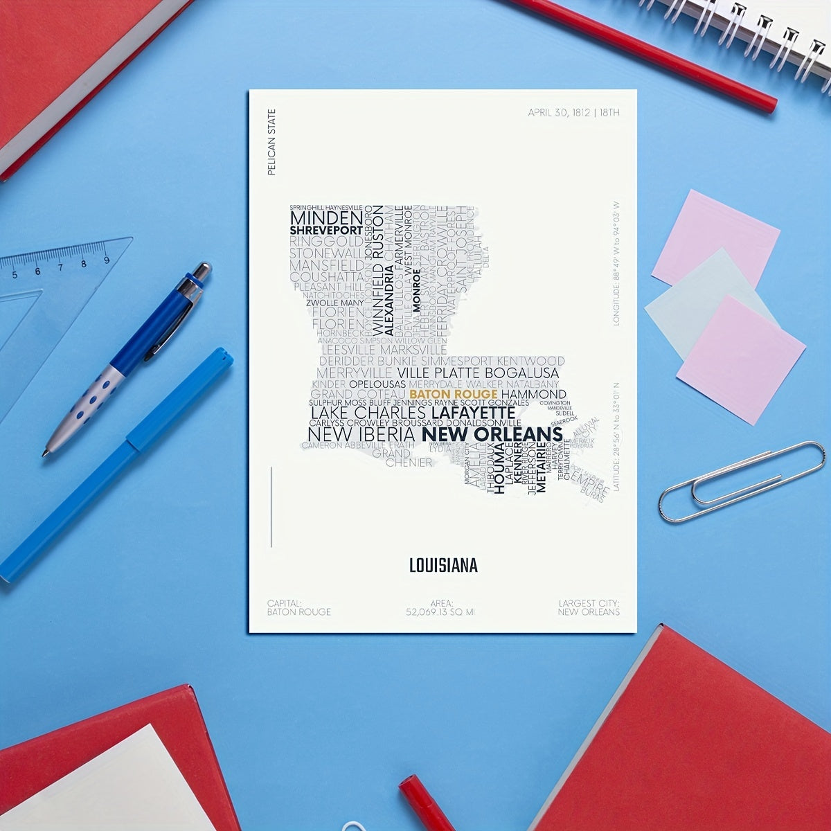 Louisiana State Map Sticker Modern Typography Art Waterproof Removable A5