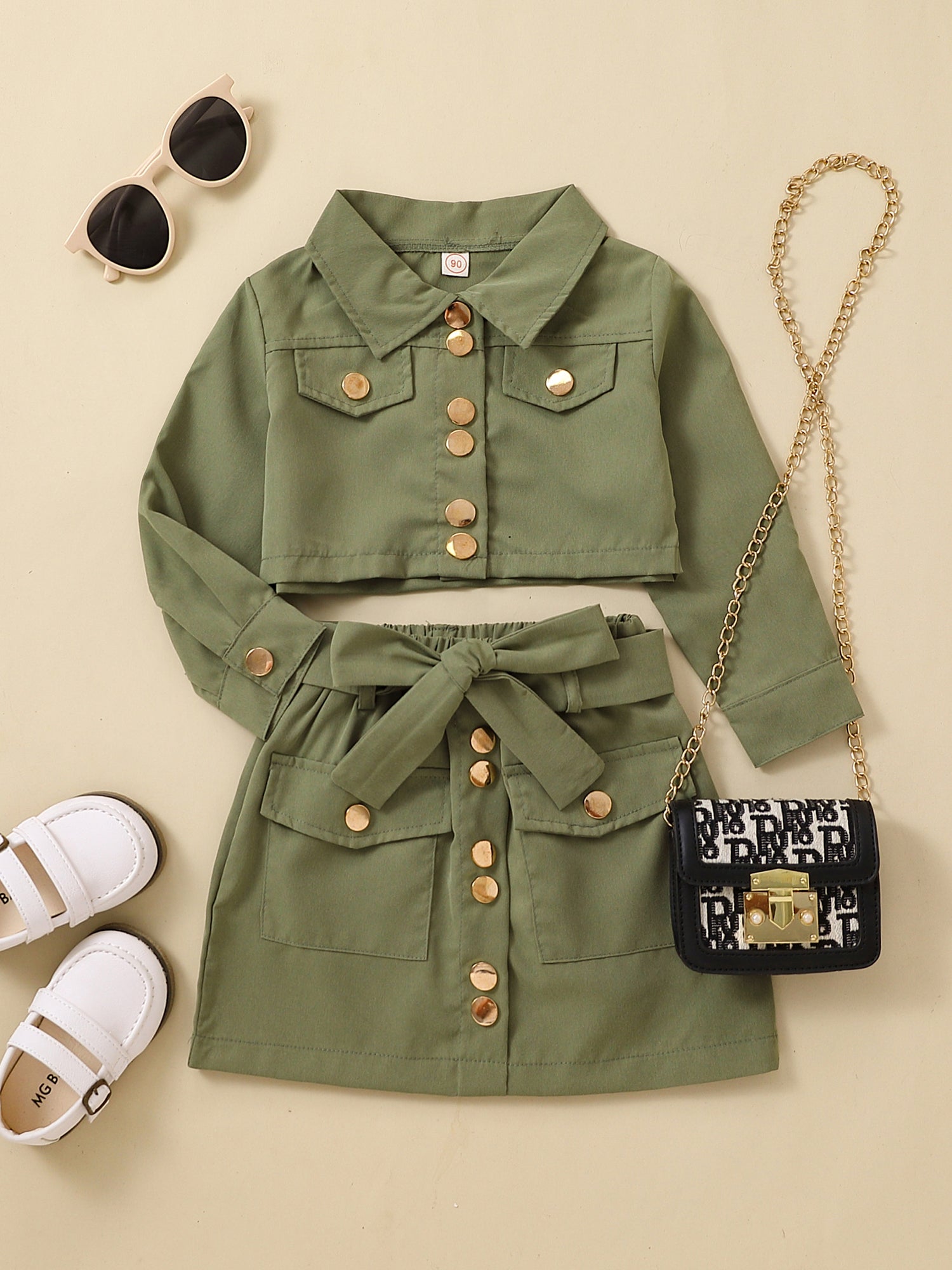 Girls Long Sleeve Top & Skirt Set with Belt