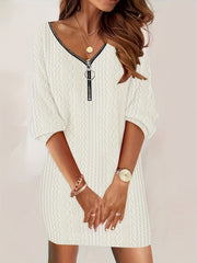 Women's Plus Solid Half Zipper Long Sleeve V Neck Mini Dress