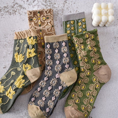 5 Pairs 3D Floral Textured Comfy Mid Tube Socks Women's Stockings