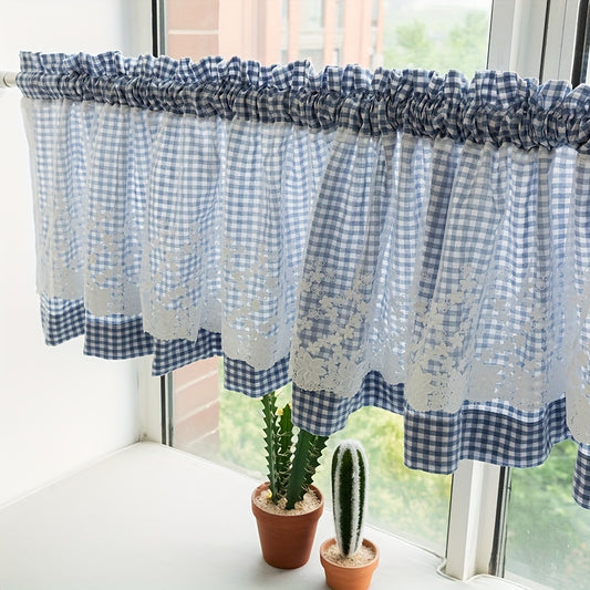 Pastoral Style Plaid Yarn Short Curtain with Pink Lace Head Rod Pocket