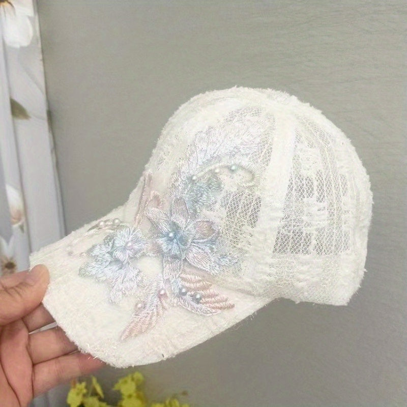 Flower Lace Baseball Cap with Faux Pearls