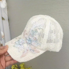 Flower Lace Baseball Cap with Faux Pearls