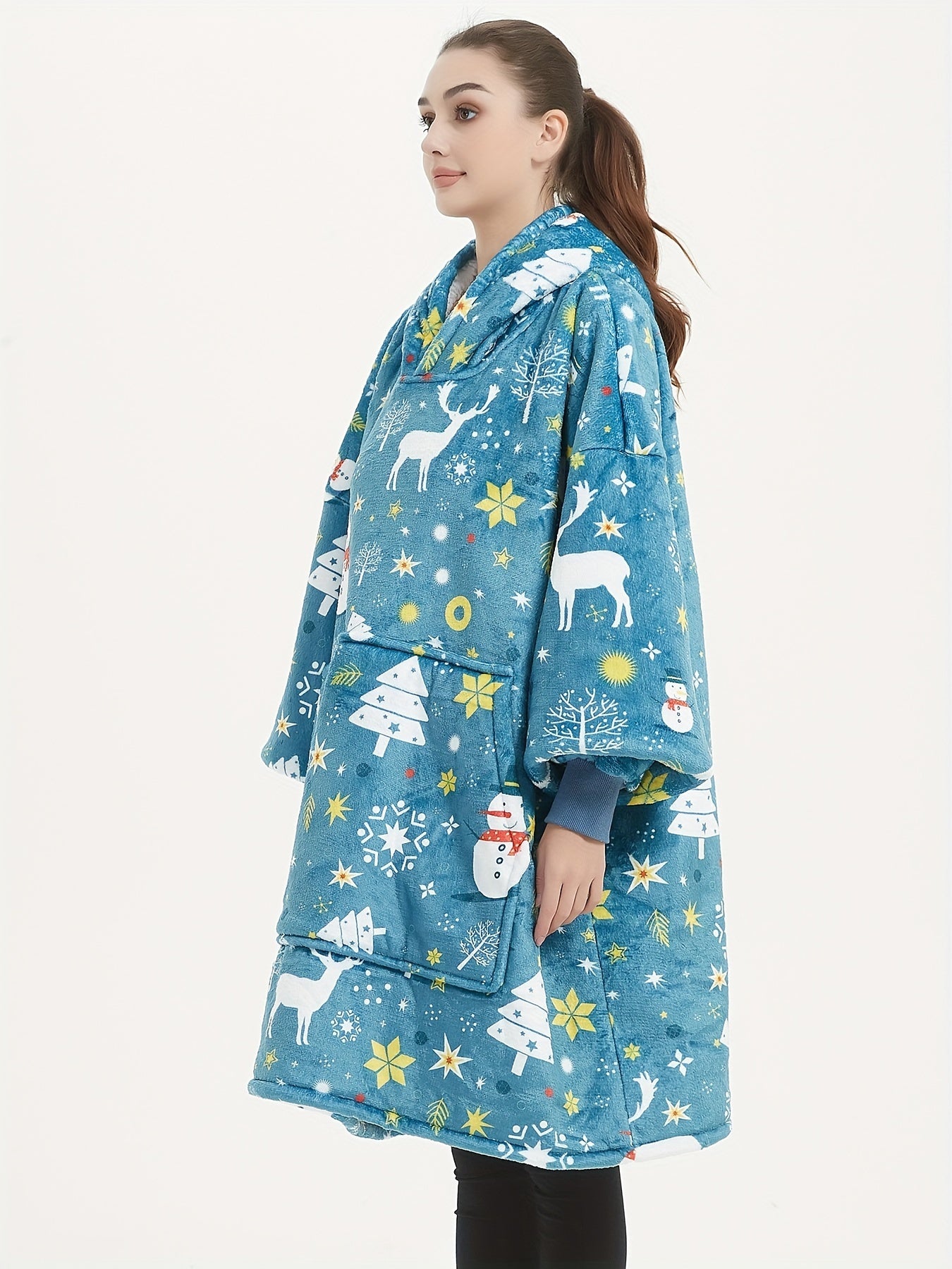  Flannel Sherpa Blanket Hooded Robe Women's Christmas Nightgown