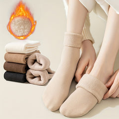 5 Pairs Plush Lined Socks Comfy Warm Ribbed Crew Socks Women's Stockings