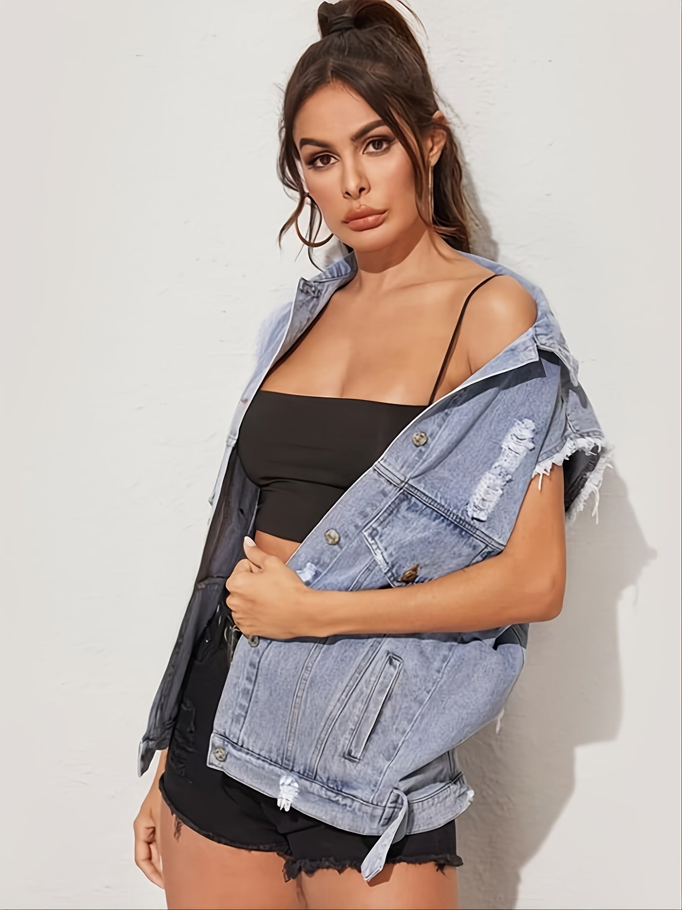 Women's Ripped Holes Sleeveless Denim Jacket Distressed Vest